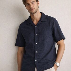 NN07 Navy Textured Short Sleeve Shirt Minimalist Scandinavian Designer Size S